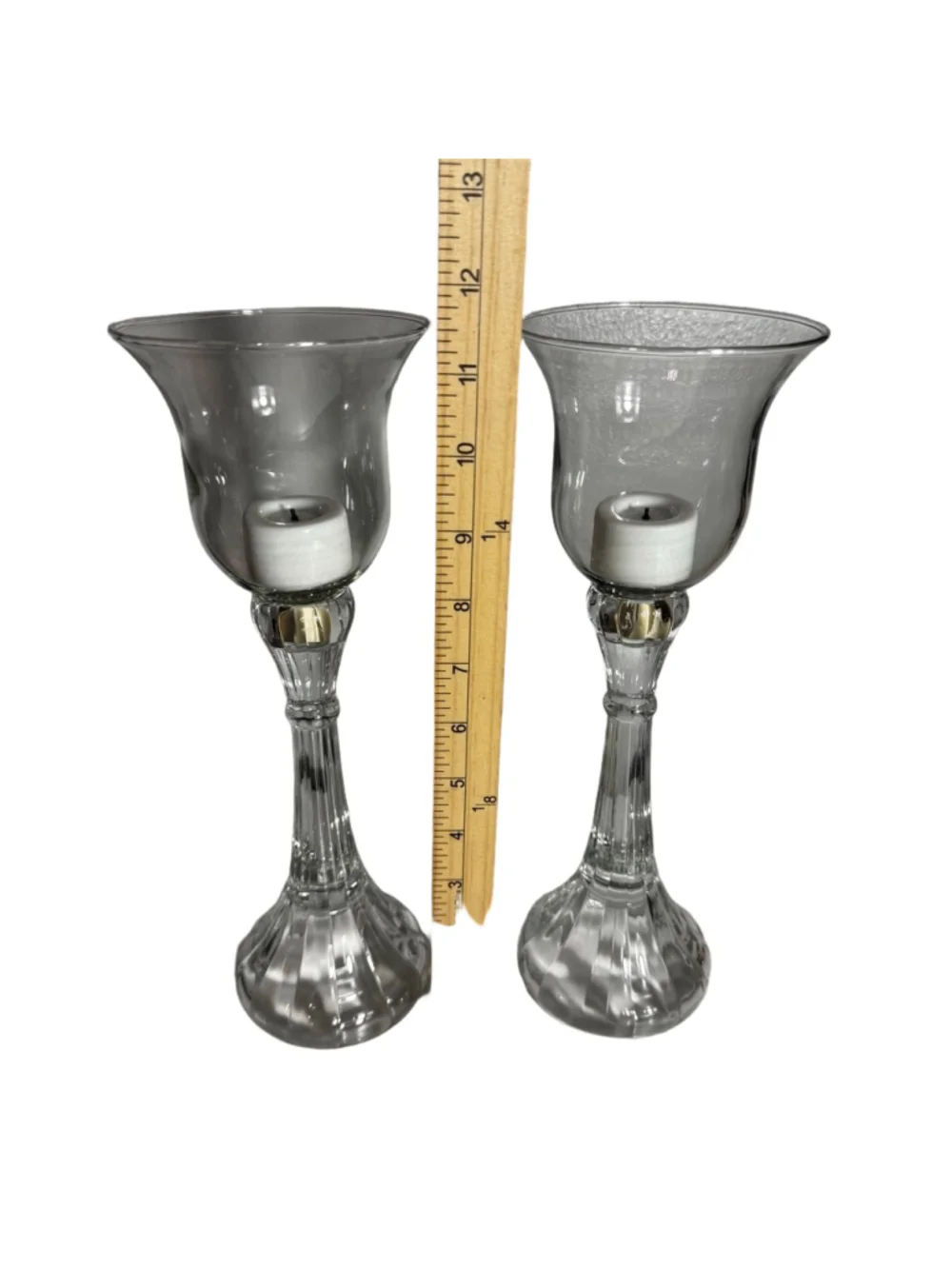 2 clear glass column candle holders removable pegged bell shape votive holders